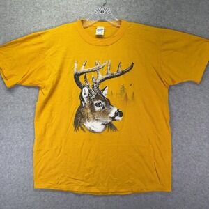 Vintage Velva Sheen Shirt Mens Large Yellow Deer Buck Graphic Tee USA Hunting